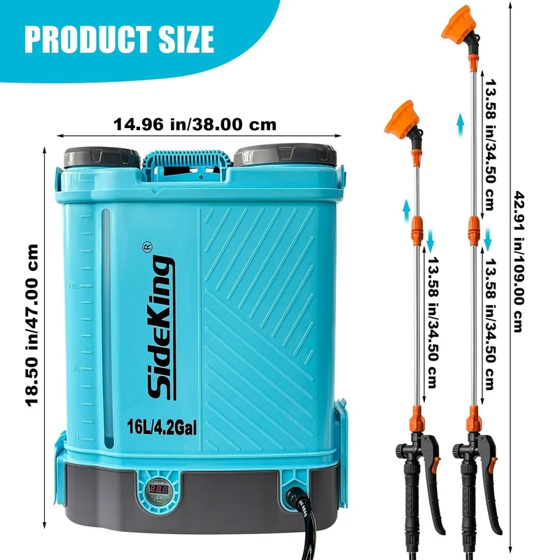 SideKing Akku Drucksprüher 16L Rückenspritze mit Teleskoplanze, 7 Bar