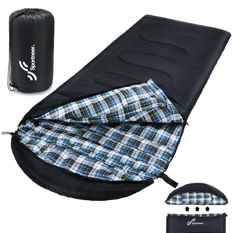 Sportneer Flanell-Schlafsack mit abnehmbarer Kapuze, 220 x 85 cm