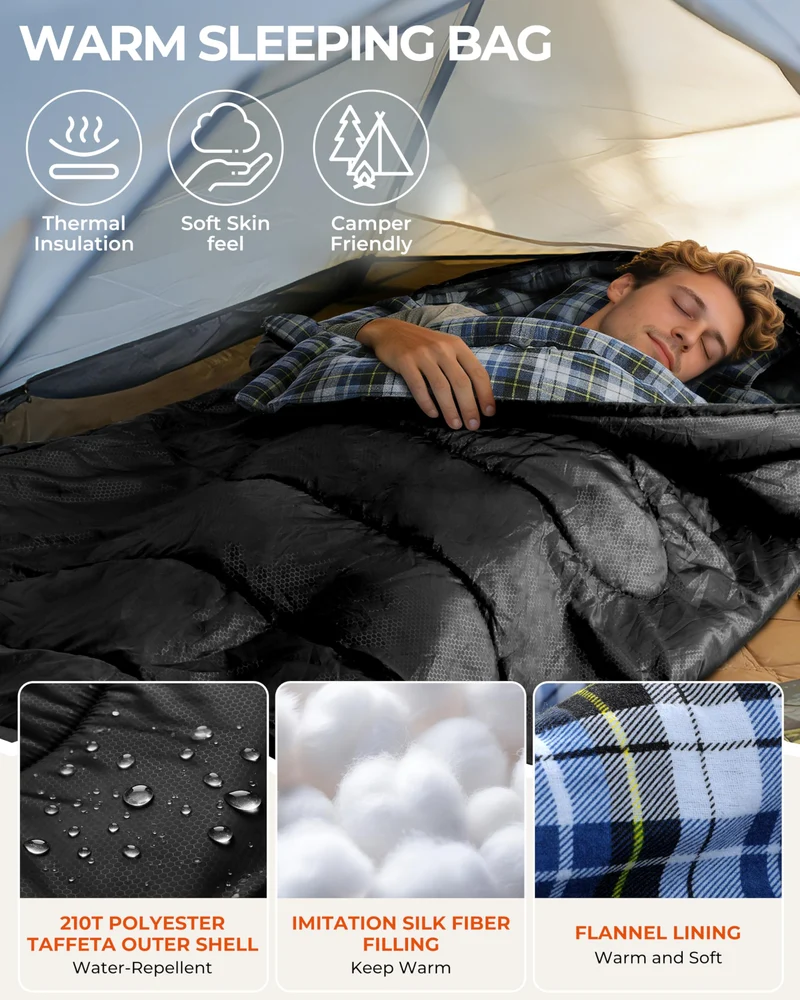 Sportneer Flanell-Schlafsack mit abnehmbarer Kapuze, 220 x 85 cm