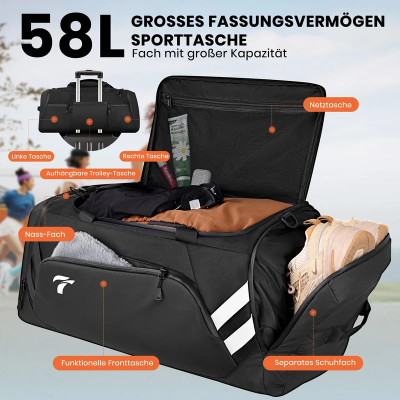 Cozor Sporttasche 58L, Reisetasche mit Schuhfach und Nassfach