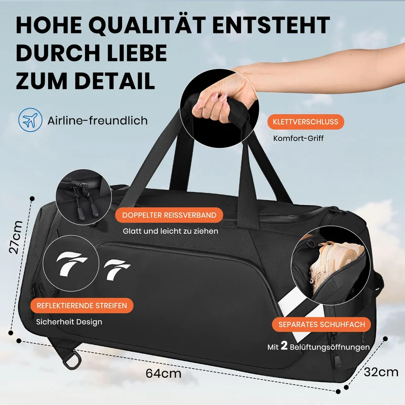 Cozor Sporttasche 58L, Reisetasche mit Schuhfach und Nassfach