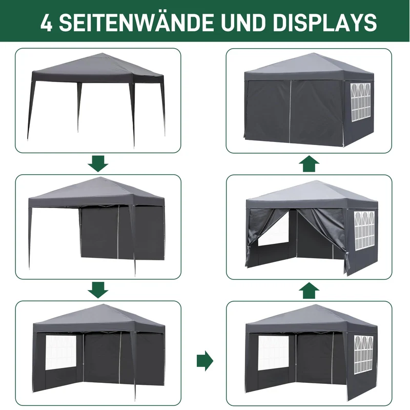 TactFire Faltpavillon 3x3 m wasserdicht mit 4 Seitenteilen, grau