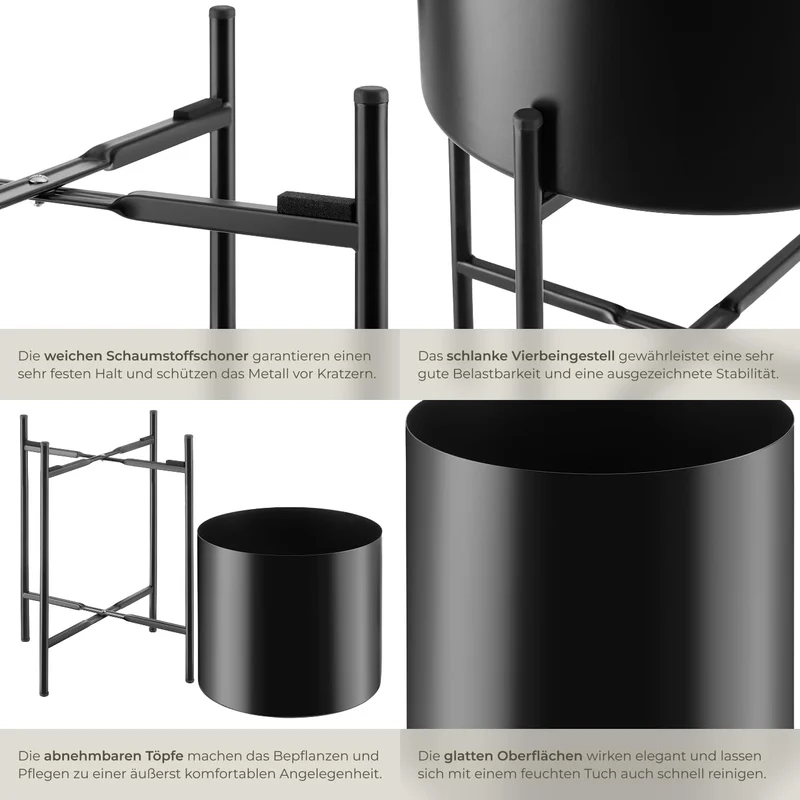 tectake Pflanzenständer 2er Set aus Metall, schwarz, mit Übertöpfen