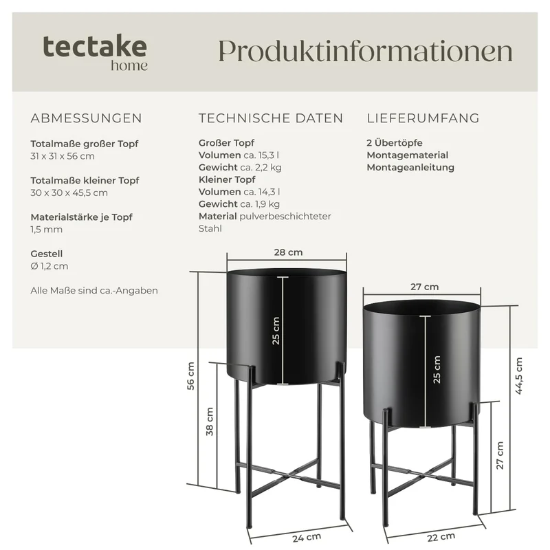 tectake Pflanzenständer 2er Set aus Metall, schwarz, mit Übertöpfen