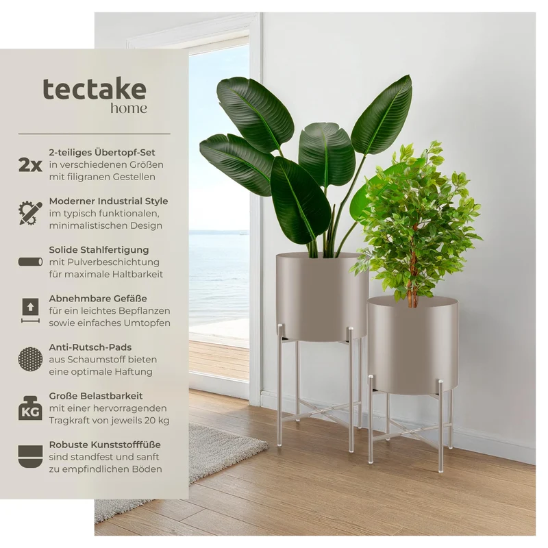 tectake Pflanzenständer 2er Set aus Metall mit Übertöpfen in taupe