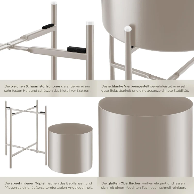 tectake Pflanzenständer 2er Set aus Metall mit Übertöpfen in taupe