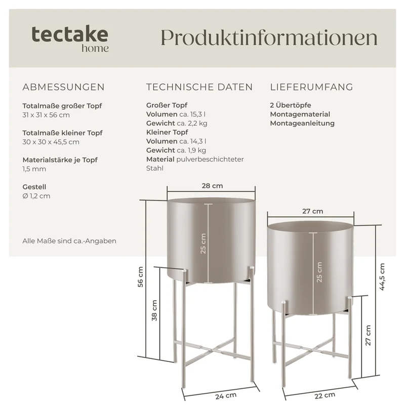 tectake Pflanzenständer 2er Set aus Metall mit Übertöpfen in taupe