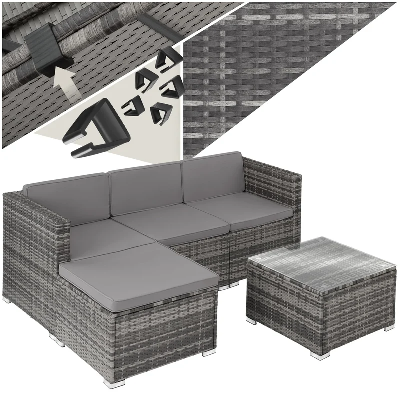 tectake Polyrattan Lounge Set, Sitzgruppe für 3-4 Personen, grau