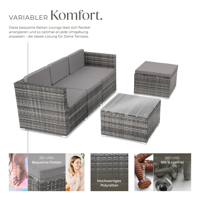 tectake Polyrattan Lounge Set, Sitzgruppe für 3-4 Personen, grau