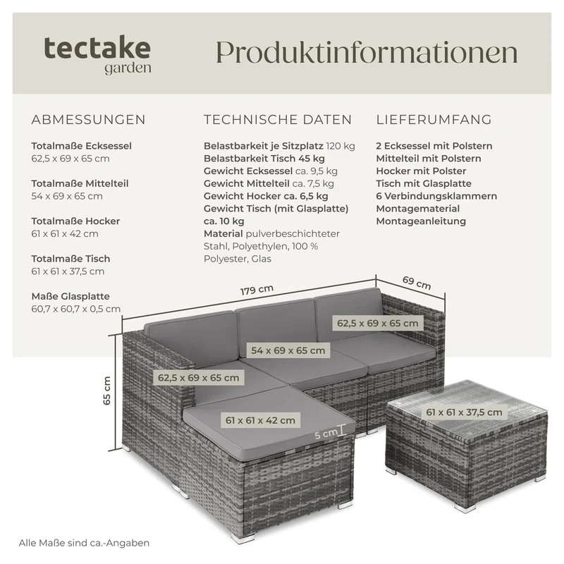 tectake Polyrattan Lounge Set, Sitzgruppe für 3-4 Personen, grau