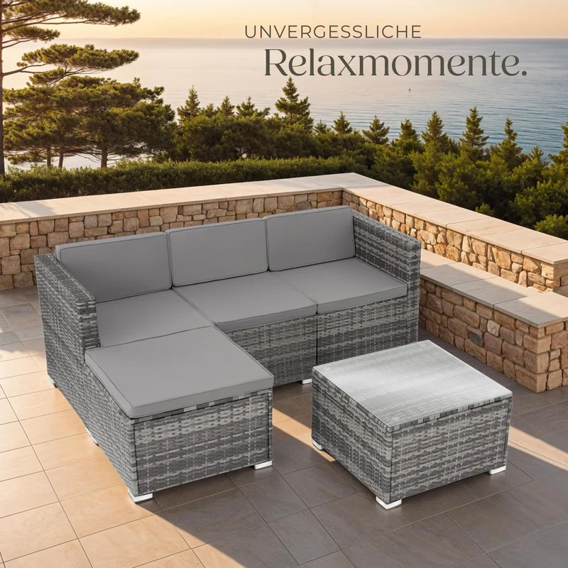 tectake Polyrattan Lounge Set, Sitzgruppe für 3-4 Personen, grau