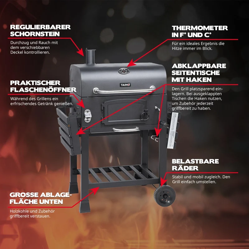 TAINO HERO XL Smoker Holzkohlegrill mit Temperaturanzeige