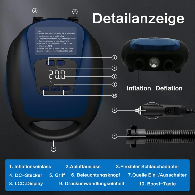 Furein WS-828 Elektrische SUP-Pumpe 20 PSI mit Auto-Off, Dark Blue