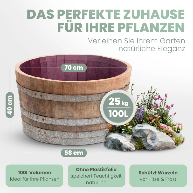 Temesso Weinfass halbiert aus Eichenholz, Pflanzkübel & Miniteich
