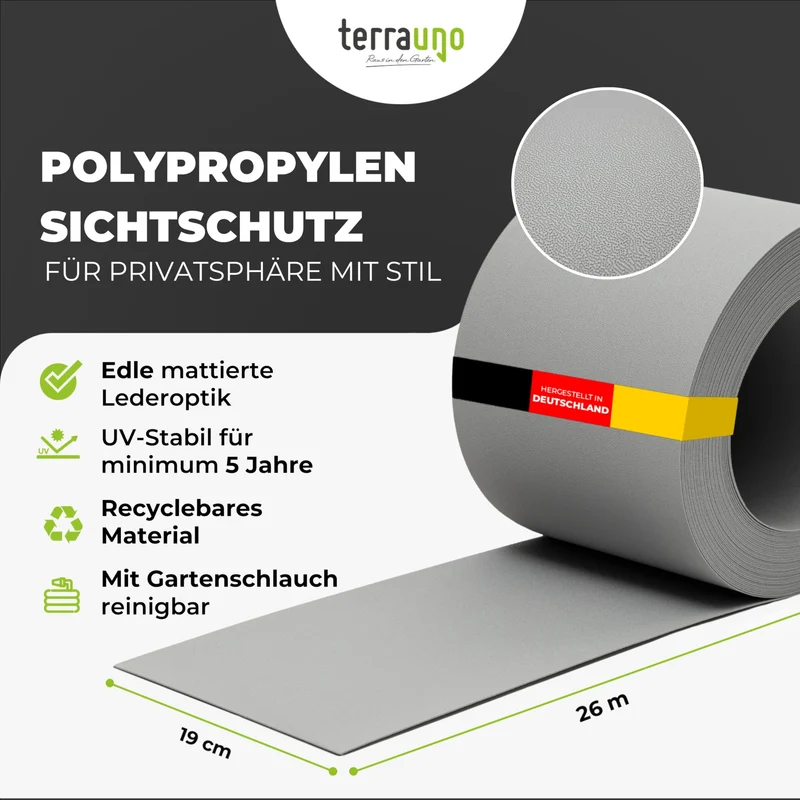TerraUno Sichtschutzstreifen für Doppelstabmatten, Grau, 26 m Rolle