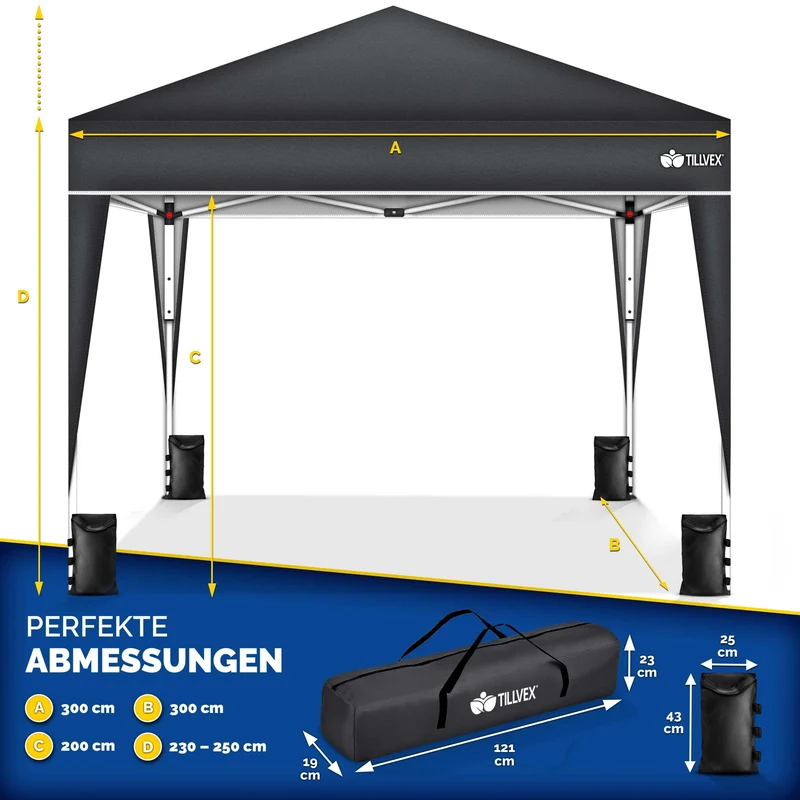 tillvex Pavillon 3x3 m wasserdicht mit 4 Sandsäcken, Anthrazit