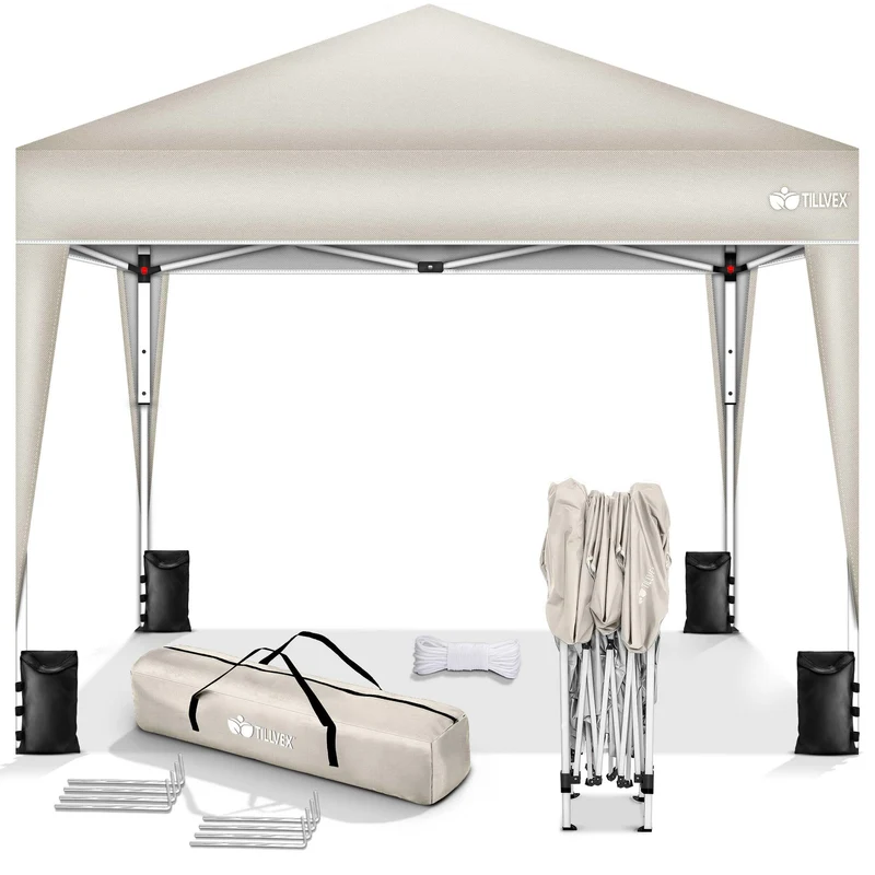 tillvex Faltpavillon 3x3m Pop-Up Gartenzelt mit Sandsäcken, Beige