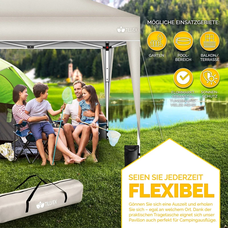 tillvex Faltpavillon 3x3m Pop-Up Gartenzelt mit Sandsäcken, Beige