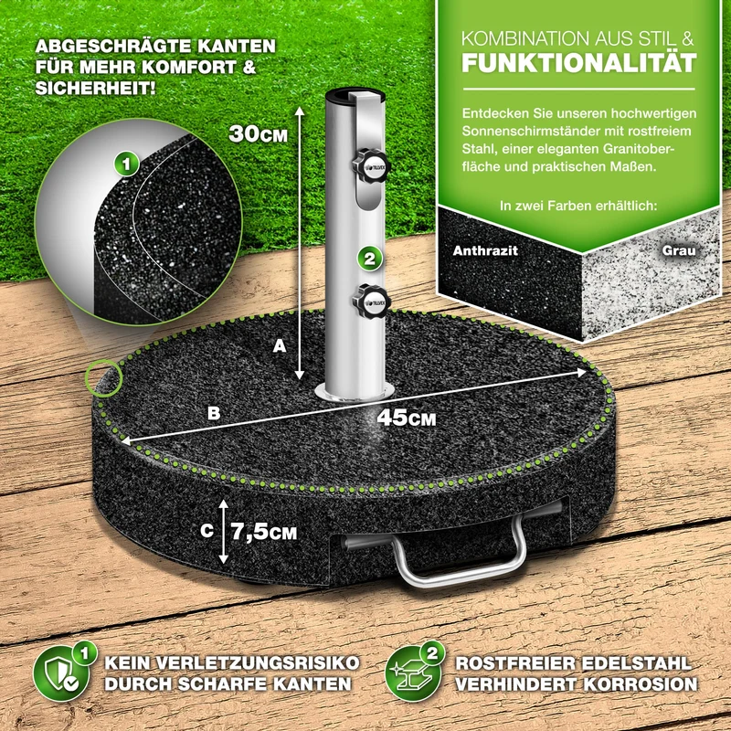 tillvex Granit Sonnenschirmständer mit Rollen, Edelstahlrohr, 27 kg
