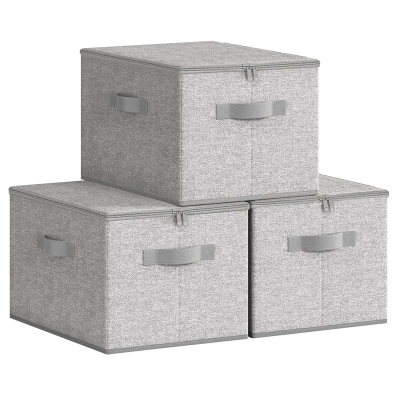 SONGMICS Aufbewahrungsbox mit Deckel, 3er Set, faltbar, taubengrau