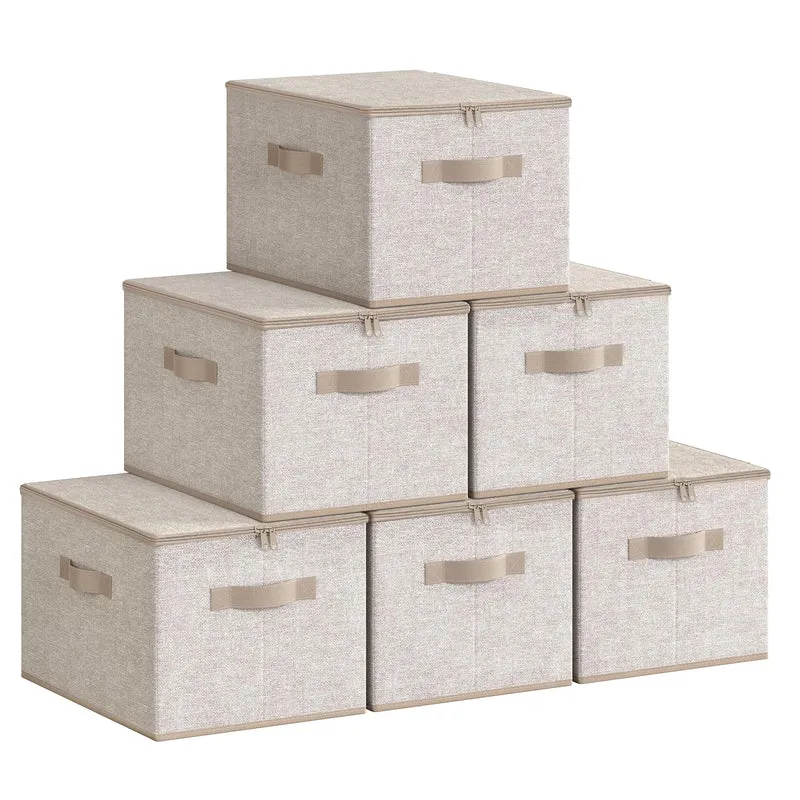 SONGMICS Aufbewahrungsbox mit Deckel, 6er Set, faltbar, sandbeige
