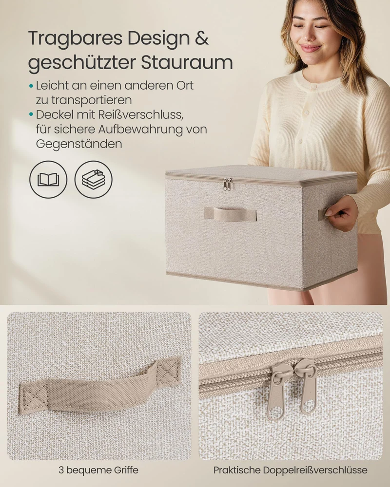 SONGMICS Aufbewahrungsbox mit Deckel, 6er Set, faltbar, sandbeige