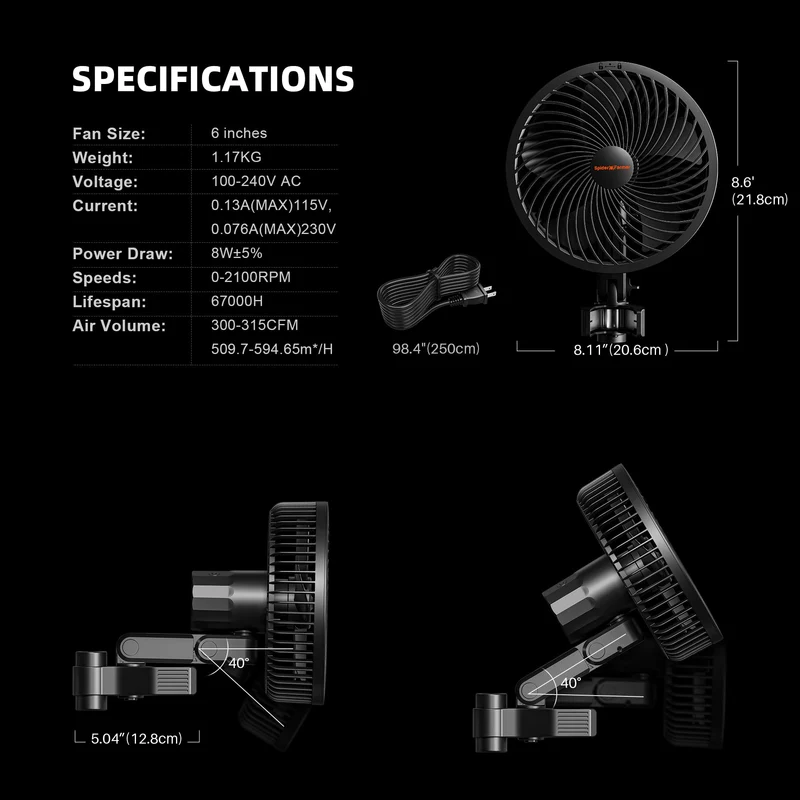 Spider Farmer Grow Ventilator mit Clip, EC-Motor, oszillierend, IP54