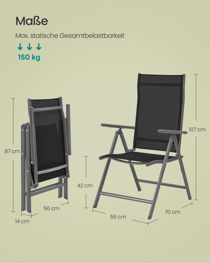SONGMICS Gartenstuhl, faltbar, 2er-Set, 150 kg belastbar, schwarz