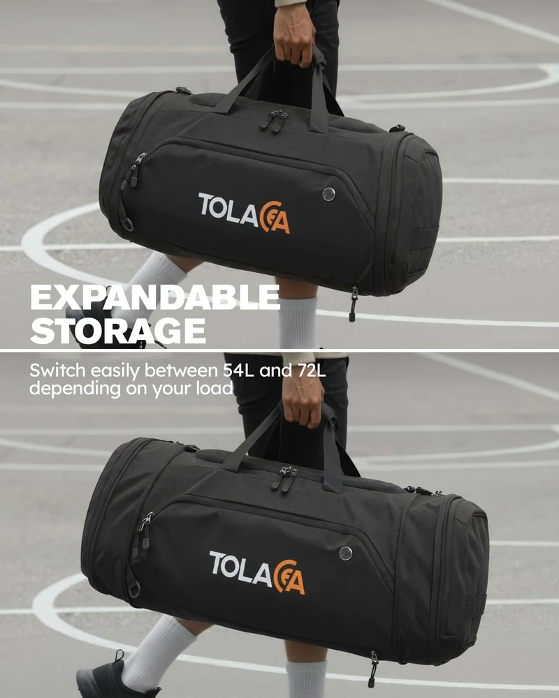 Tolaccea Sporttasche 56-70L erweiterbar mit Schuhfach, schwarz