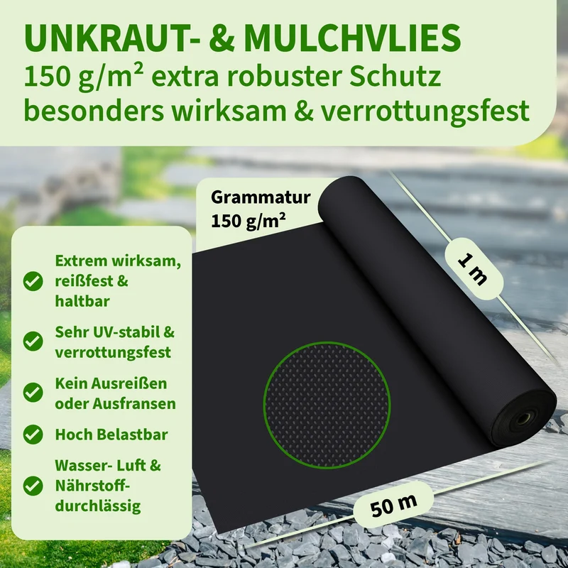 TTL GARDEN Unkrautvlies 150 g/m², 50 m² Rolle 1 x 50 m, UV-stabil