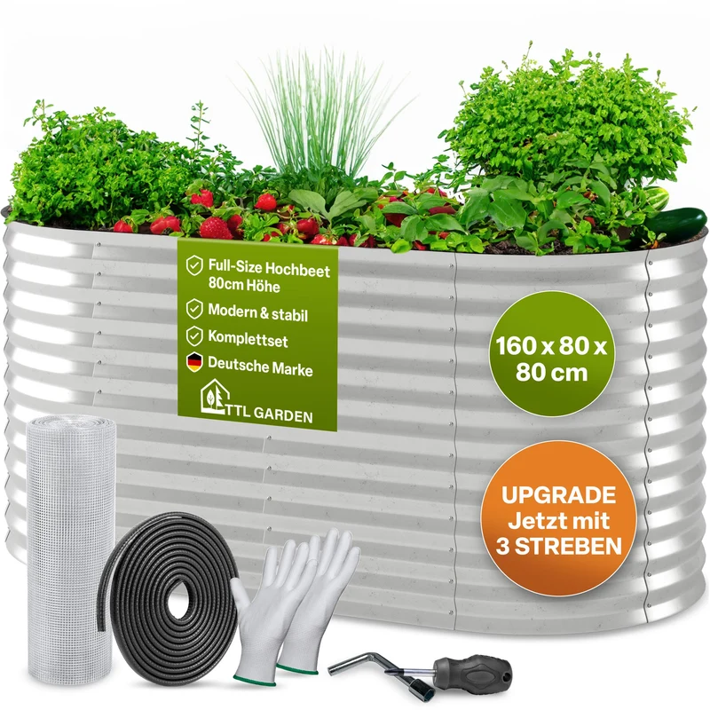 TTL GARDEN Spirit M Metall-Hochbeet 160x80x80 cm silber oval