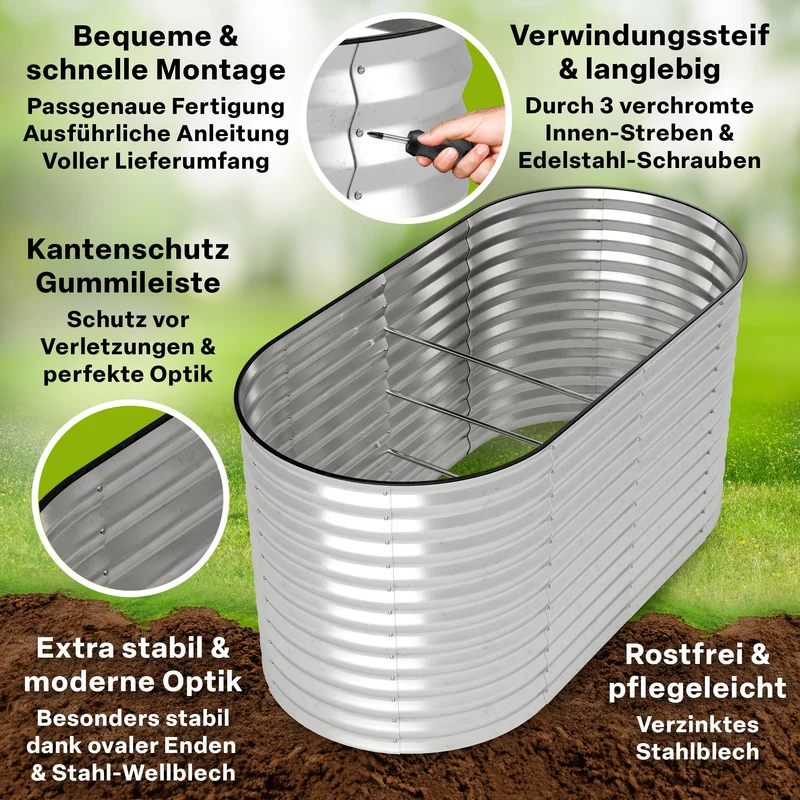 TTL GARDEN Spirit M Metall-Hochbeet 160x80x80 cm silber oval