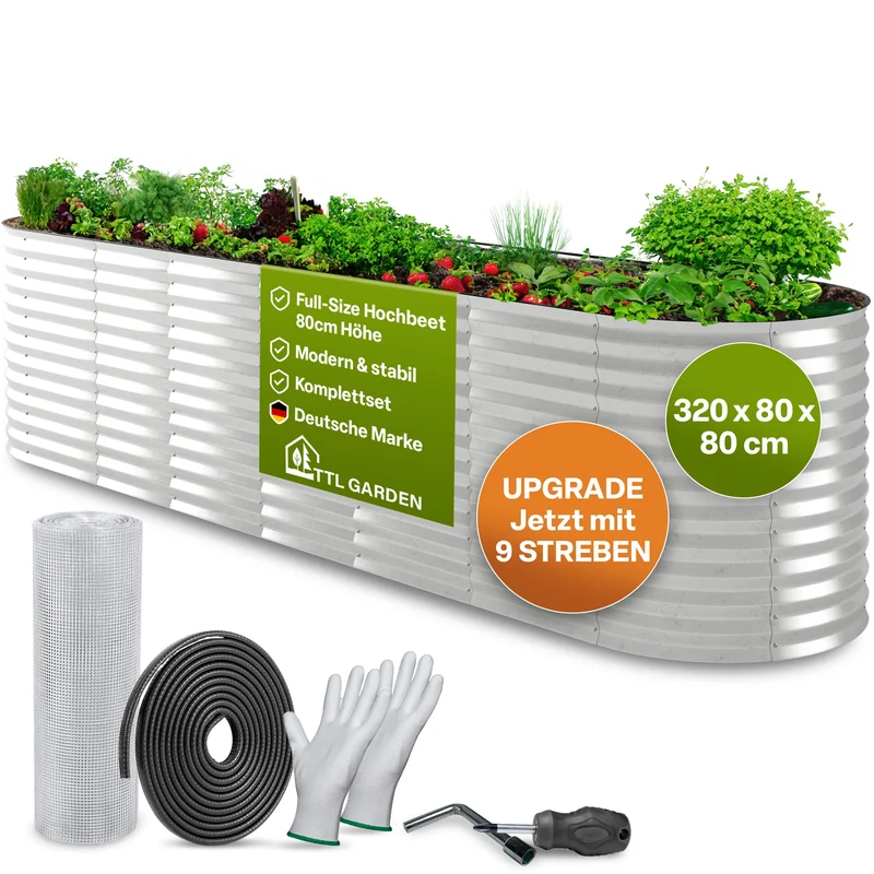 TTL GARDEN Hochbeet Spirit XL Metall 320x80x80 cm Silber verzinkt