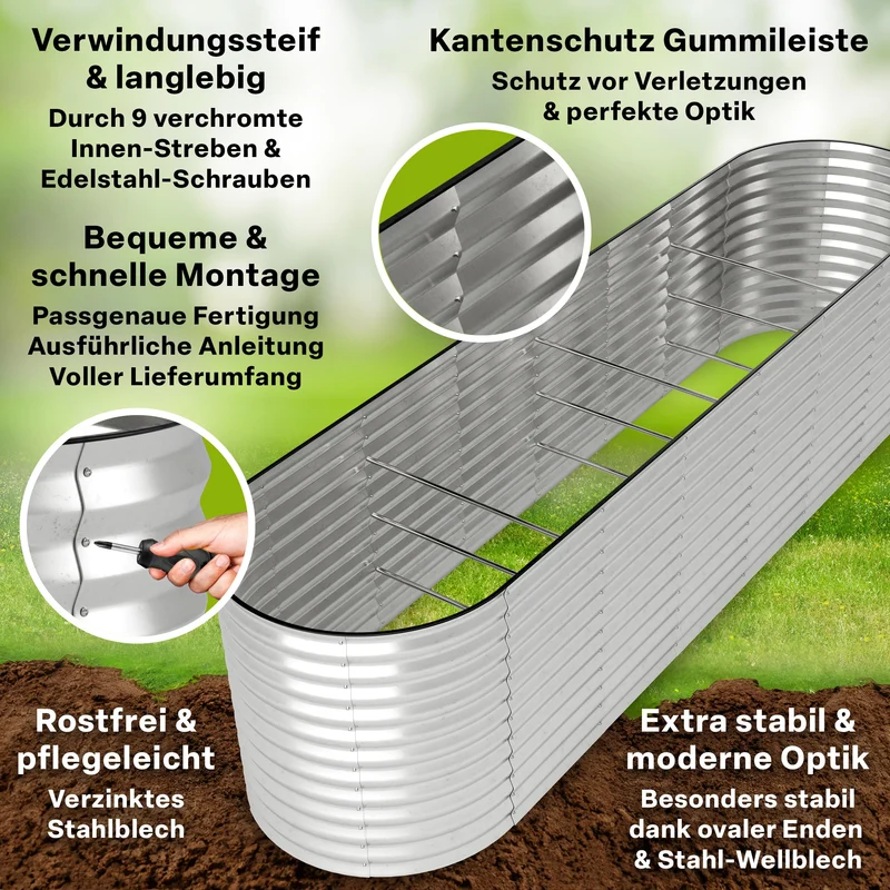 TTL GARDEN Hochbeet Spirit XL Metall 320x80x80 cm Silber verzinkt