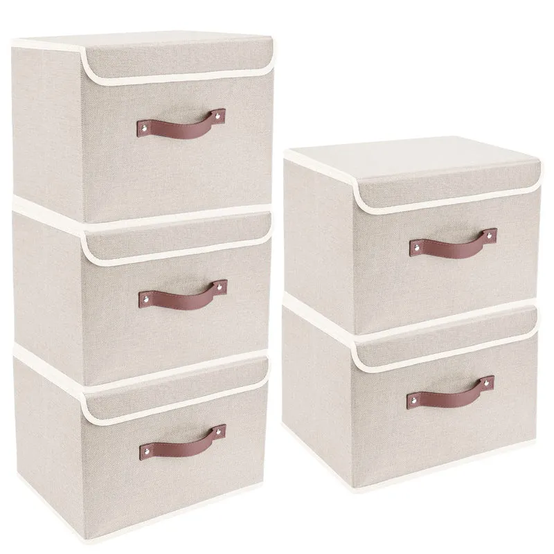 TYEERS Aufbewahrungsbox mit Deckel, faltbar, Stoff, 5 Stück, beige