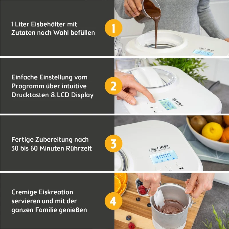 TZS First Austria Eismaschine FA-5105 mit Kompressor, 1 L, weiss