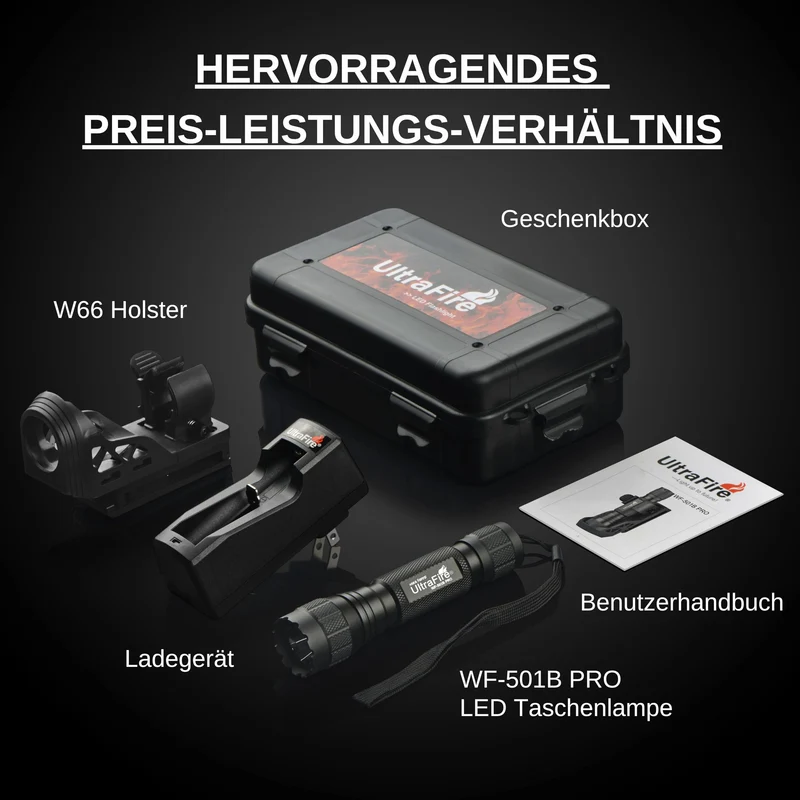 UltraFire WF-501B PRO Taktische Taschenlampe 1200 Lumen mit Holster