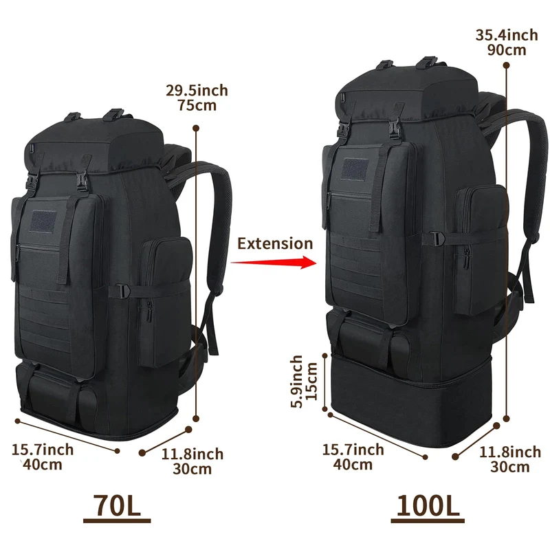 Vaupan Wanderrucksack 100 L, erweiterbarer Molle-Rucksack, schwarz