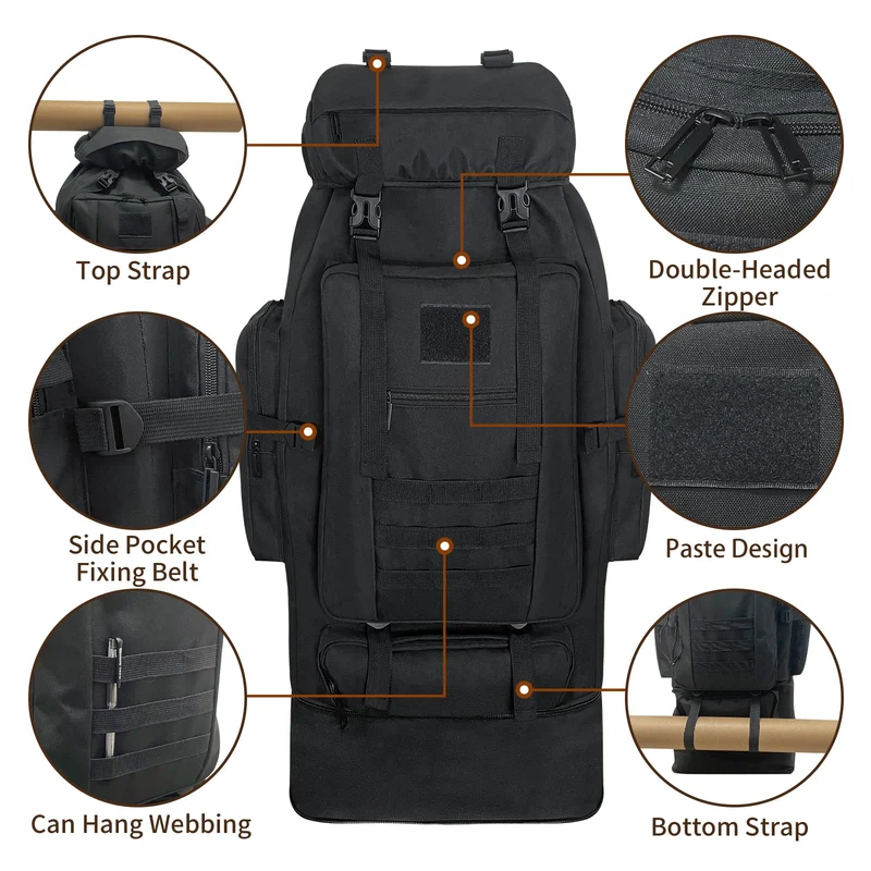 Vaupan Wanderrucksack 100 L, erweiterbarer Molle-Rucksack, schwarz