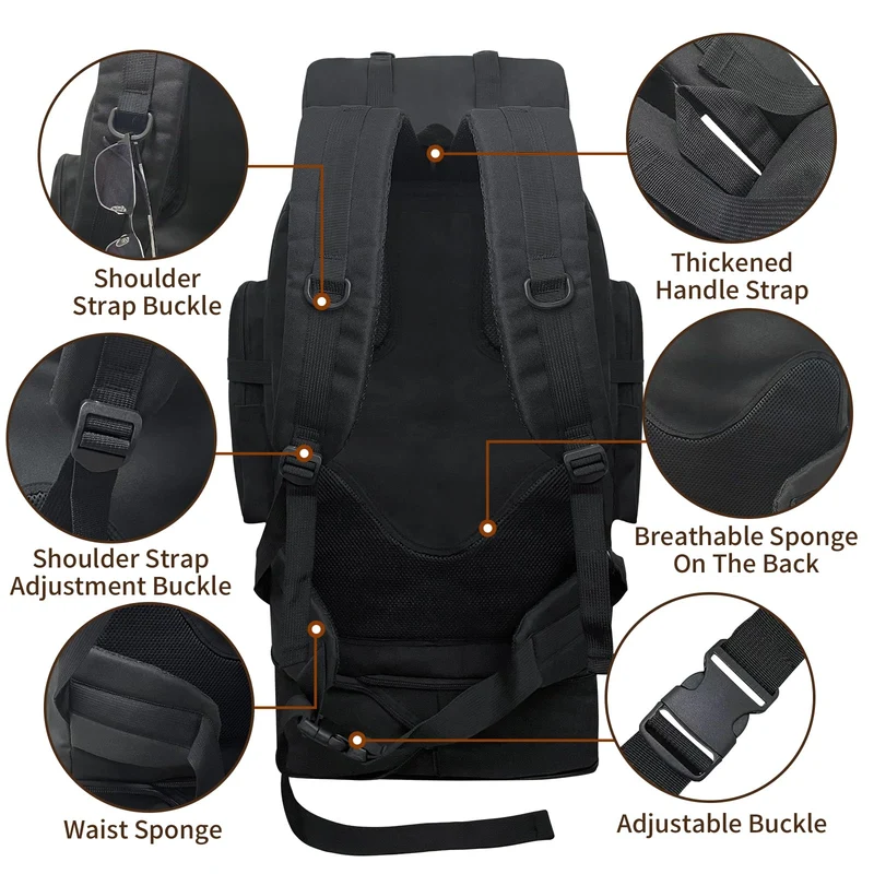 Vaupan Wanderrucksack 100 L, erweiterbarer Molle-Rucksack, schwarz