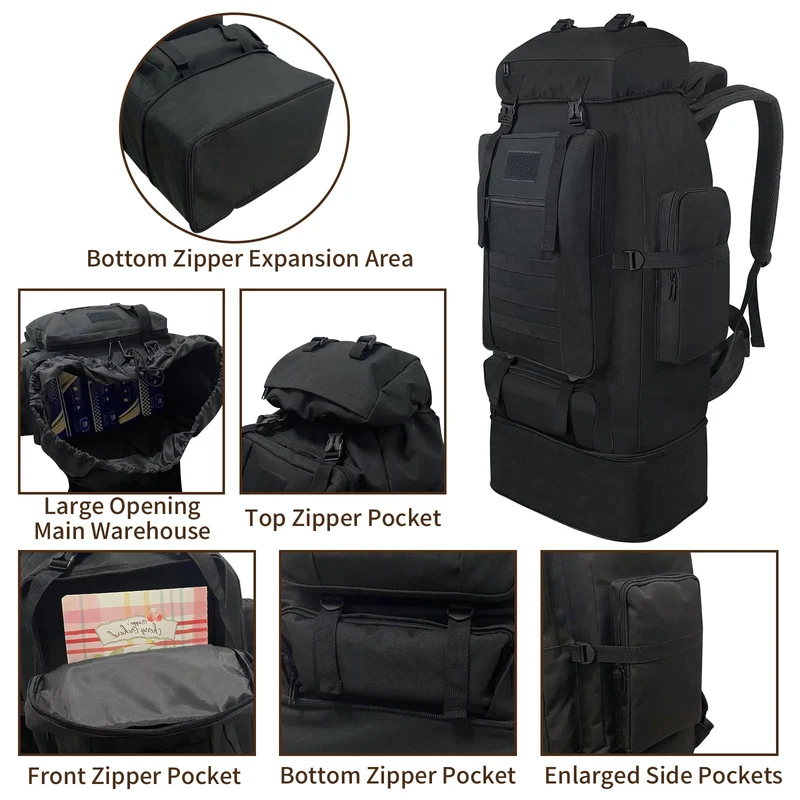 Vaupan Wanderrucksack 100 L, erweiterbarer Molle-Rucksack, schwarz
