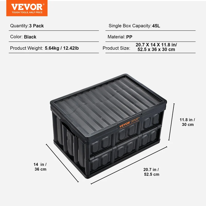 VEVOR Klappbox 45 L 3er-Set, faltbare Aufbewahrungsbox mit Deckel