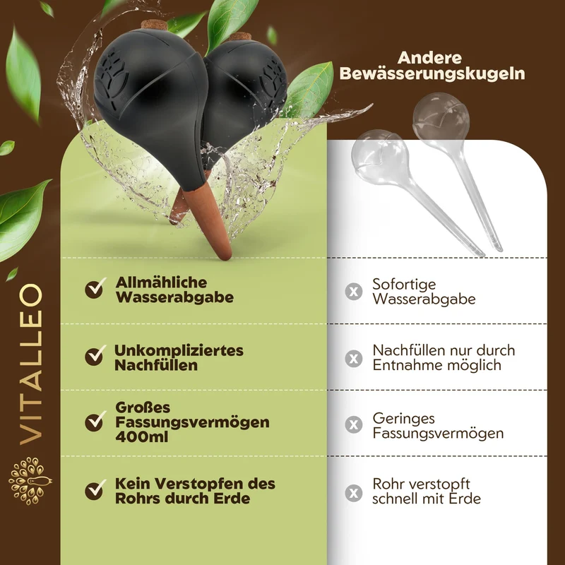 VITALLEO Bewässerungskugeln XL 400 ml, 6er-Set, schwarz