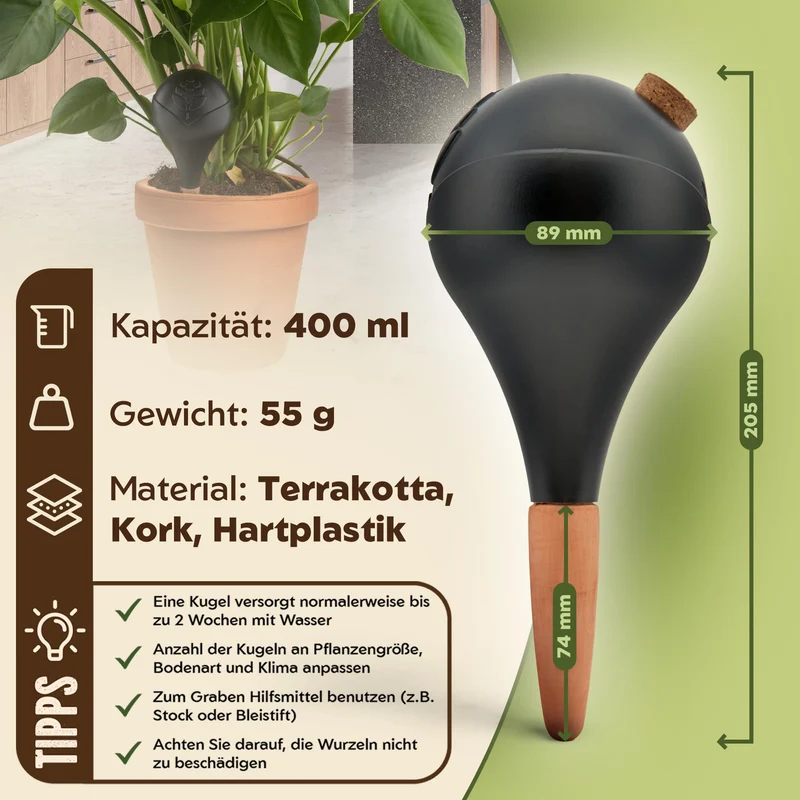 VITALLEO Bewässerungskugeln XL 400 ml, 6er-Set, schwarz