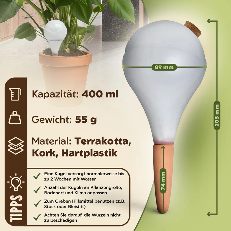 VITALLEO Bewässerungskugeln XL 400 ml, Selbstbewässerung, 6er-Set