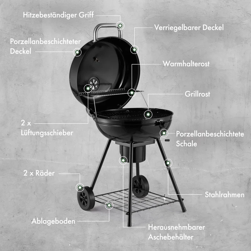 VonHaus Kettle Holzkohlegrill, Kugelgrill 53,5 cm mit Warmhalterost