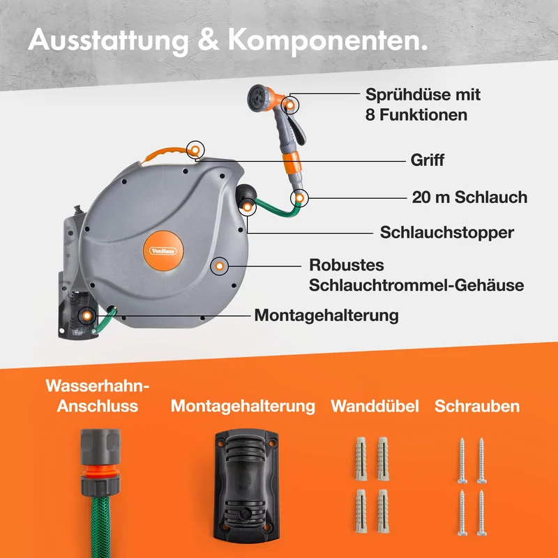 VonHaus Schlauchtrommel 20 m, Wandmontage, automatische Aufrollung