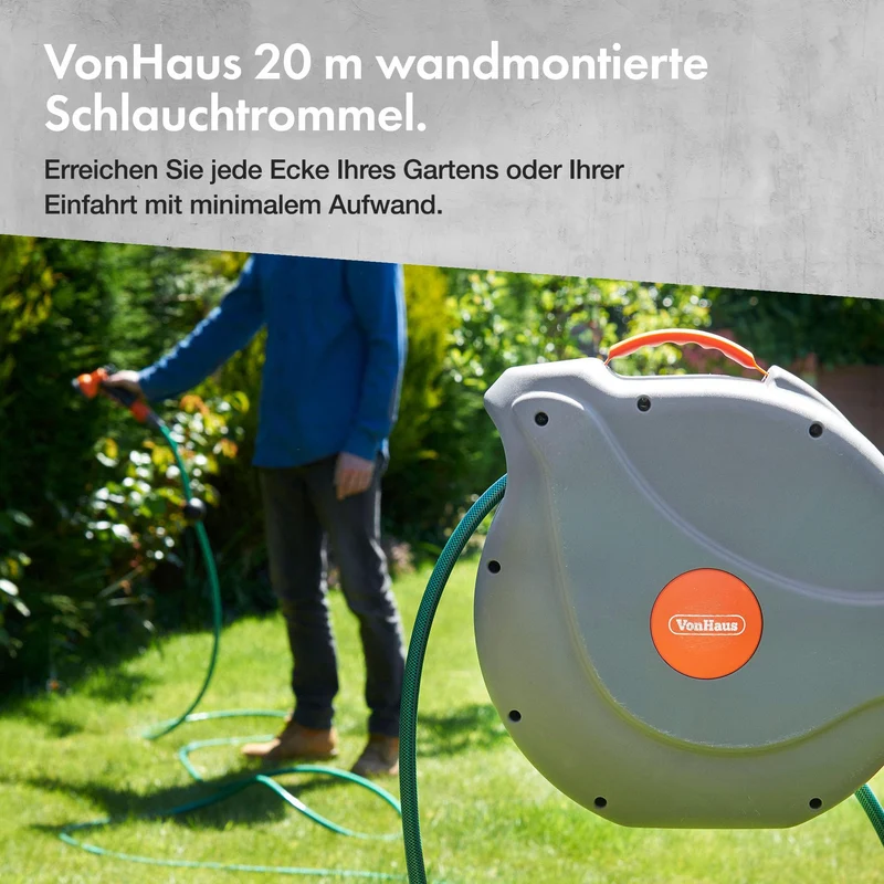 VonHaus Schlauchtrommel 20 m, Wandmontage, automatische Aufrollung