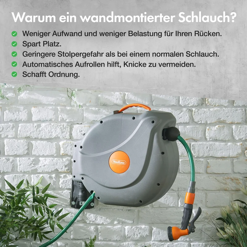 VonHaus Schlauchtrommel 30 m, automatischer Wand-Schlauchaufroller