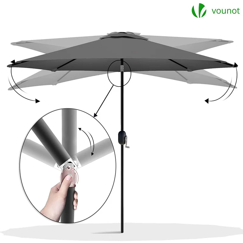 VOUNOT Sonnenschirm 270 cm knickbar mit Kurbel, UV-Schutz, Grau